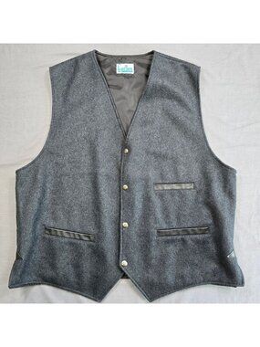VTG 90s Kactus XXL Mens Vest Gray Western 100% Wool Leather Trim Snap Buttons